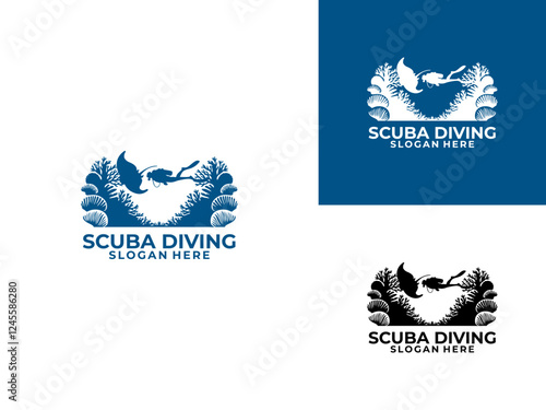 Diver and Stingray with coral reef logo vector. Underwater logo icon. Scuba Diving Logo Design Vector Template