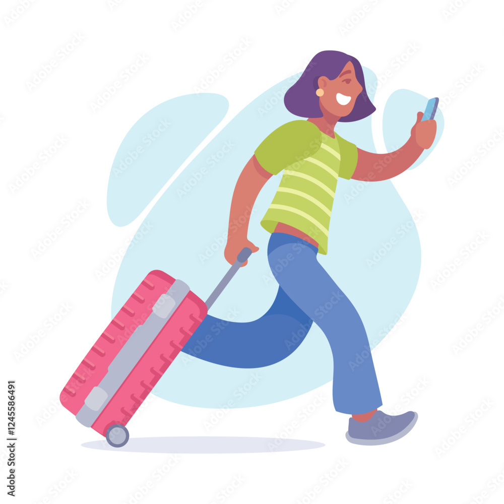 Obraz premium Tourism with Woman Character Run with Suitcase Vector Illustration