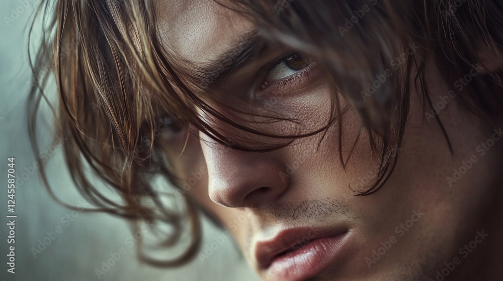 Intense Gaze: A Close-Up Portrait of a Young Man with Long Brown Hair Intense Gaze: A Close-Up Portrait of a Young Man with Long Brown Hair