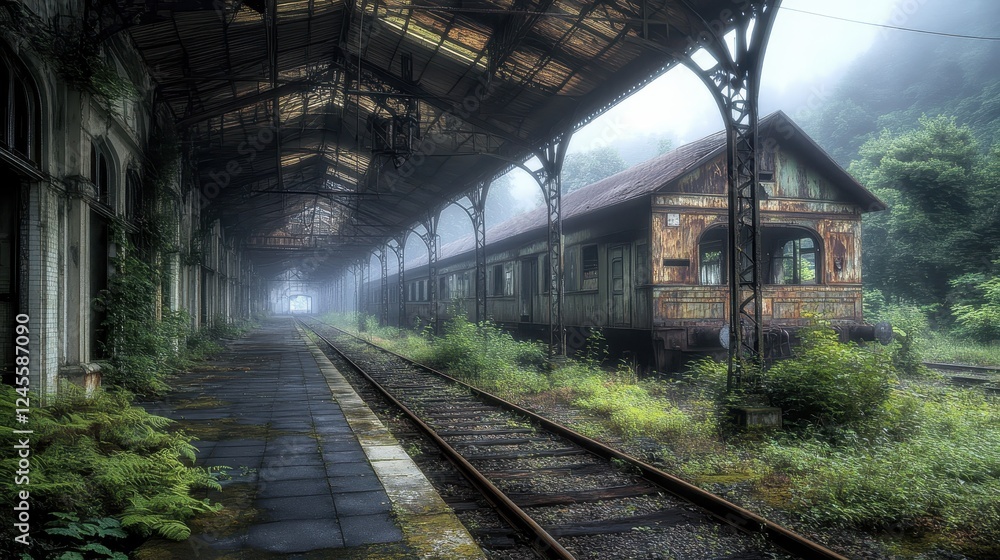Abandoned Train Station Surrounded by Overgrown Vegetation and Fog Abandoned Train Station Surrounded by Overgrown Vegetation and Fog