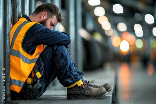 technician sleepy exhaust construction worker concept. A worker in a reflective vest sits despondently on the floor in a warehouse setting. photo