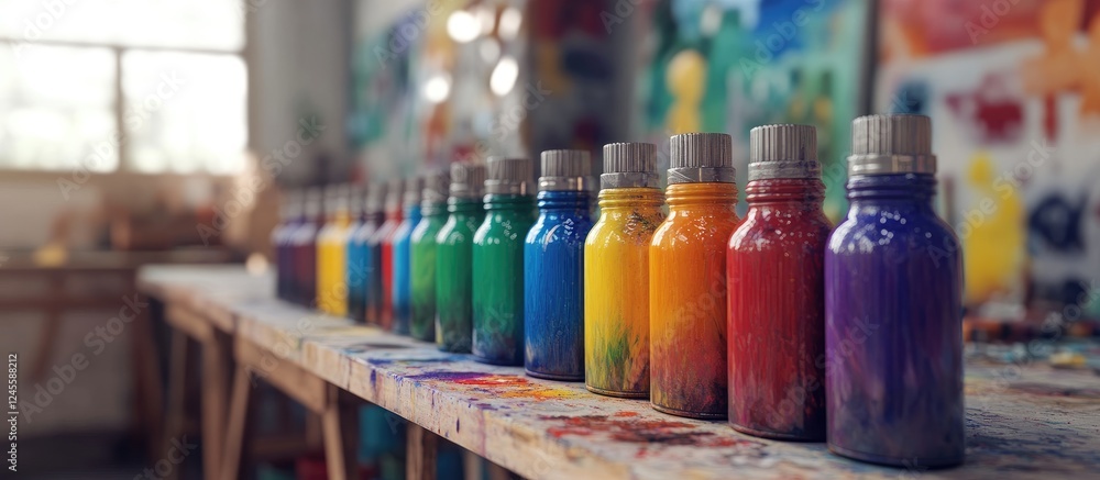 Vibrant lineup of plastic paint bottles in various colors including blue, green, yellow, orange, red, and purple on a wooden table in an art studio Vibrant lineup of plastic paint bottles in various colors including blue, green, yellow, orange, red, and purple on a wooden table in an art studio