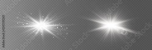 Set of white stars. Light effect of glow and flare, sparkle, glare, explosion, solar flare, sparks and stars.