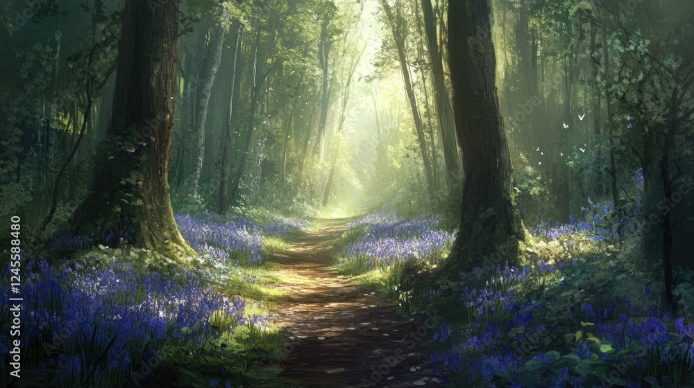 Naklejka premium Sunlight filtering through tall trees, illuminating a path surrounded by bluebells.