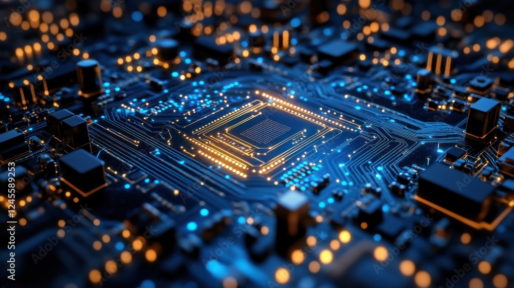 Glowing CPU on circuit board, data flow, technology, background blur, tech illustration Glowing CPU on circuit board, data flow, technology, background blur, tech illustration