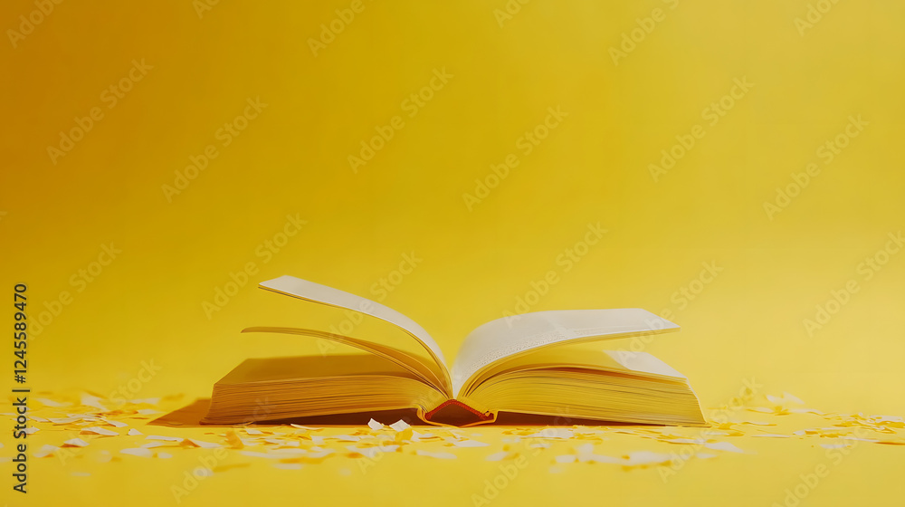 An open book on a vibrant yellow background with copy space An open book on a vibrant yellow background with copy space