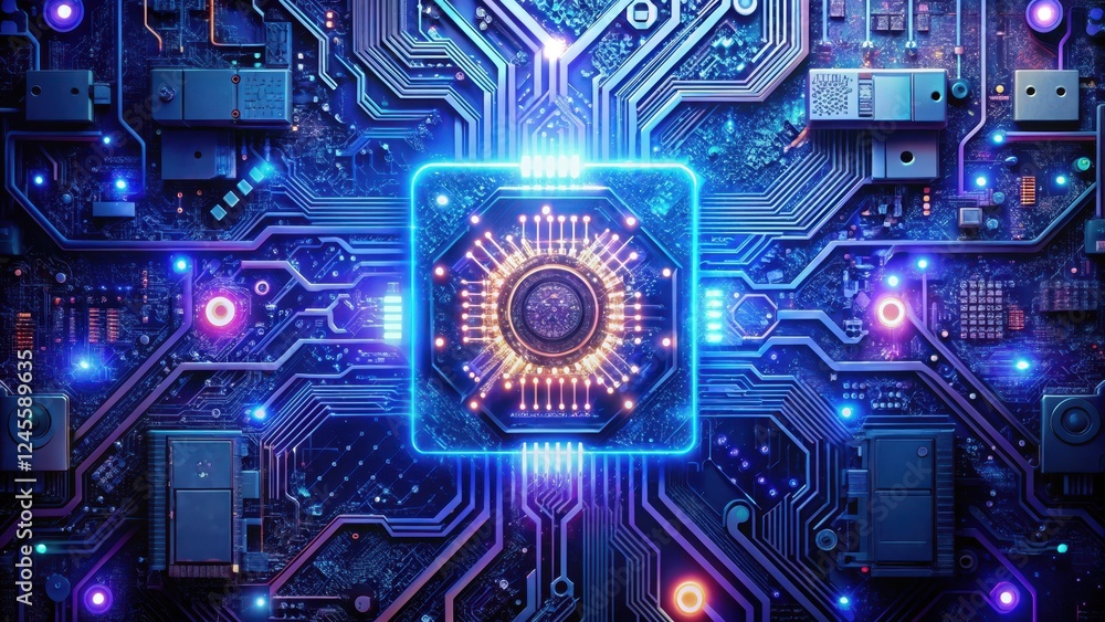 Fototapeta premium Illuminated Circuit Board A Futuristic Central Processing Unit Glows with Vibrant Energy, Surrounded by Complex, Interconnected Pathways of Data Transmission and Processing