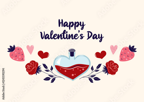 Happy Valentine's Day horizontal Card with heart and red roses. Simple cute greeting card. Vector illustration.