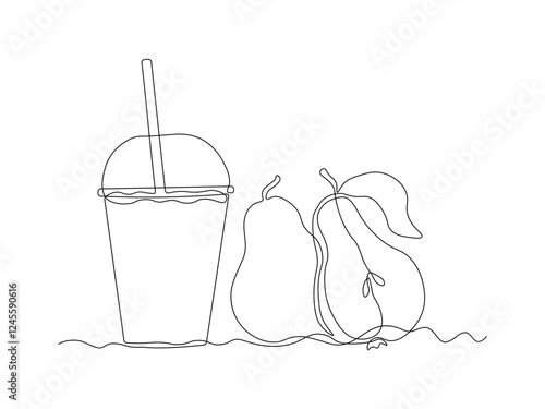 abstract pear fruit juice glass with lid and straw, continuous single one line art hand drawing sketch logo