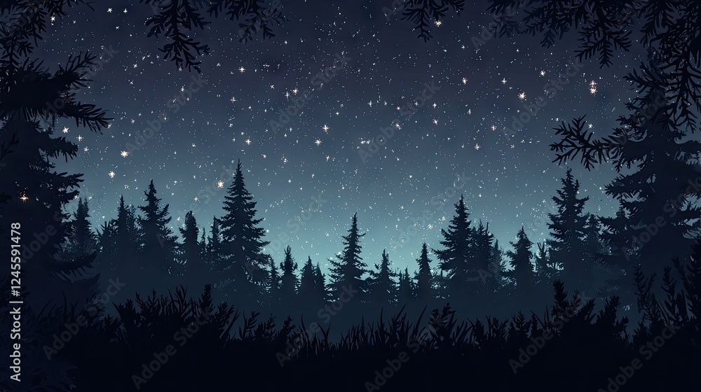 Fototapeta premium A quiet forest with dark trees silhouetted against a starry night sky.