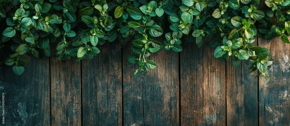 Lush green leaves cascading over rustic wooden planks creating a natural and inviting background with a rich earthy color palette Lush green leaves cascading over rustic wooden planks creating a natural and inviting background with a rich earthy color palette