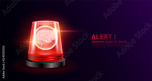 Brain organ human inside red siren light. Danger signs of brain disease. Warning flasher alert emergency. Medical distress signal. Vector EPS10.