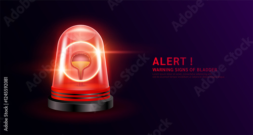 Bladder organ human inside red siren light. Danger signs of bladder disease. Warning flasher alert emergency. Medical distress signal. Vector EPS10.