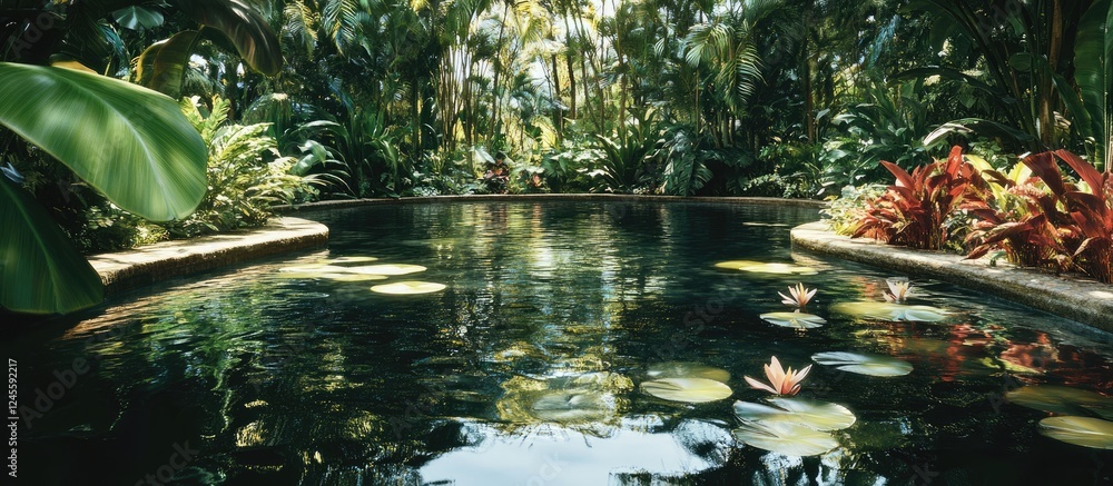 Tranquil reflective pool surrounded by lush green tropical plants and vibrant flowers creates a serene atmosphere in a peaceful setting. Tranquil reflective pool surrounded by lush green tropical plants and vibrant flowers creates a serene atmosphere in a peaceful setting.