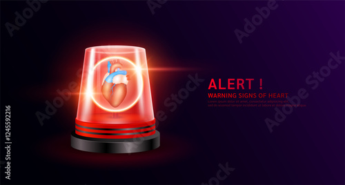 Heart organ human inside red siren light. Danger signs of heart disease. Warning flasher alert emergency. Medical distress signal. Vector EPS10.