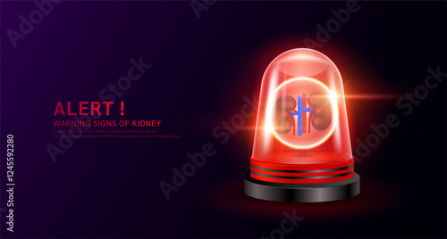 Kidney organ human inside red siren light. Danger signs of kidney disease. Warning flasher alert emergency. Medical distress signal. Vector EPS10.