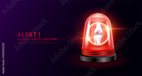 Bone joint knee organ human in red siren light. Danger signs of arthritis osteoarthritis osteoporosis disease. Warning flasher alert emergency. Medical distress signal. Vector EPS 10.