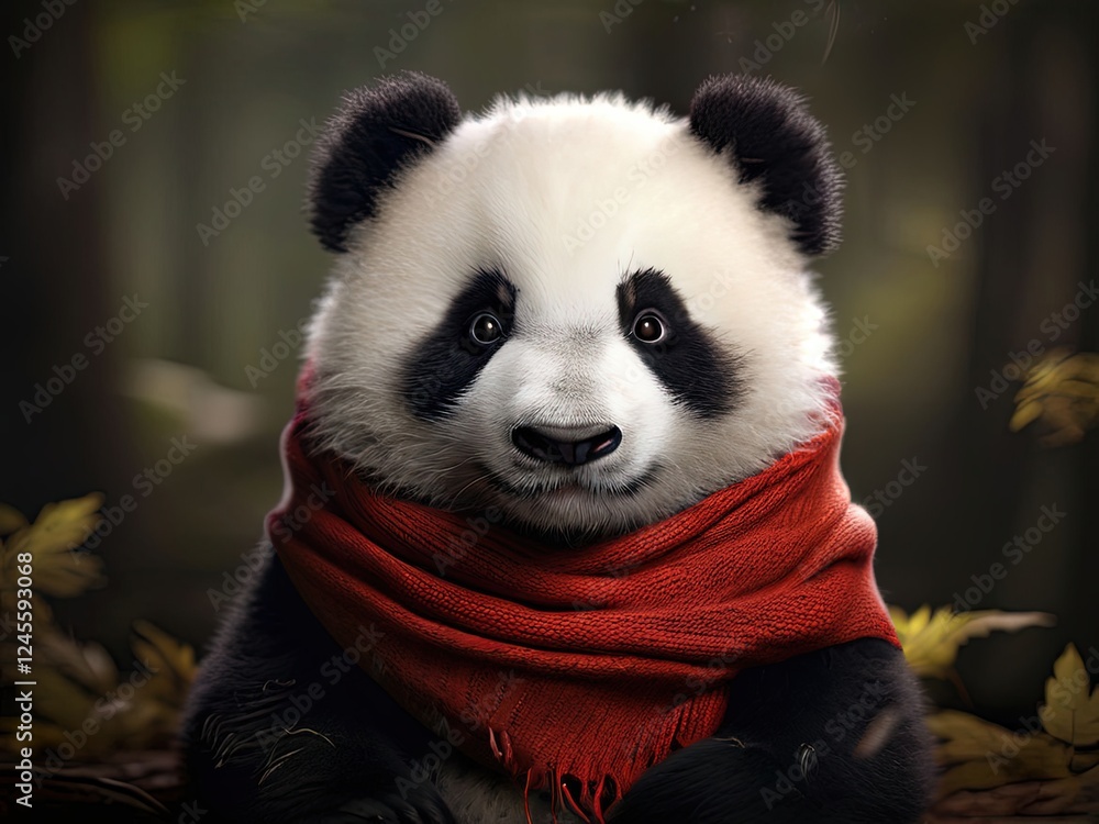 Fototapeta premium the AI Image Generator, Adorable Panda Wearing Scarf Amidst Bamboo