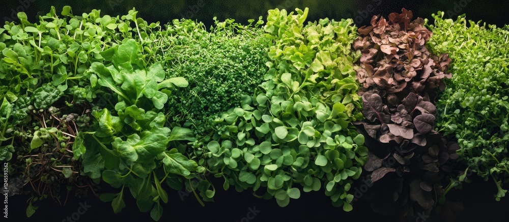 Vibrant assortment of microgreens in shades of green and burgundy arranged horizontally against a dark background showcasing heirloom diversity Vibrant assortment of microgreens in shades of green and burgundy arranged horizontally against a dark background showcasing heirloom diversity