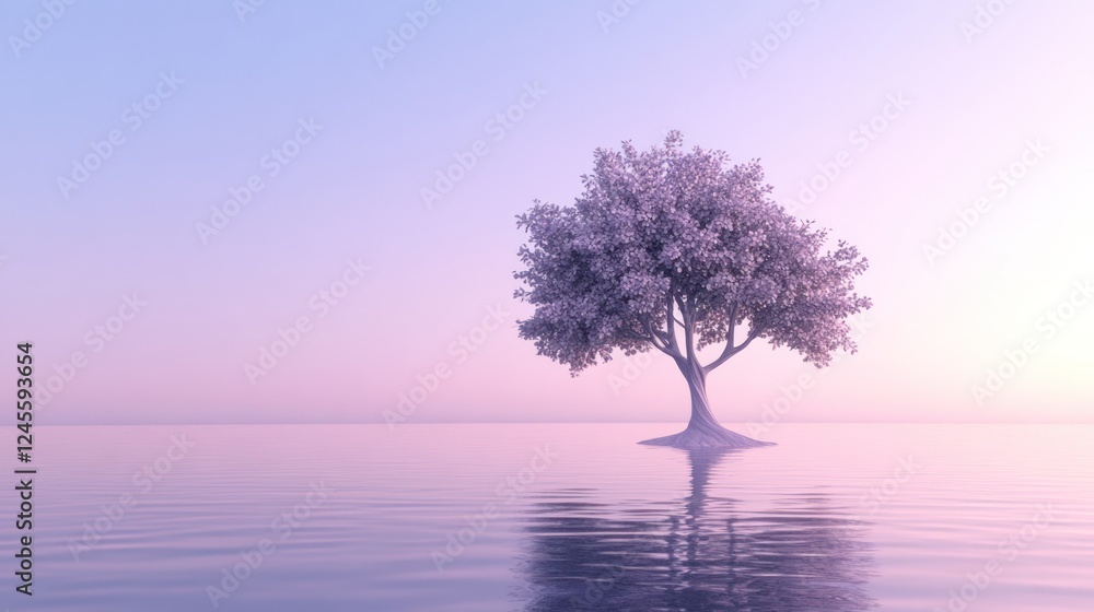 Solitary tree, pastel sunset, calm water, serene landscape, meditation image Solitary tree, pastel sunset, calm water, serene landscape, meditation image