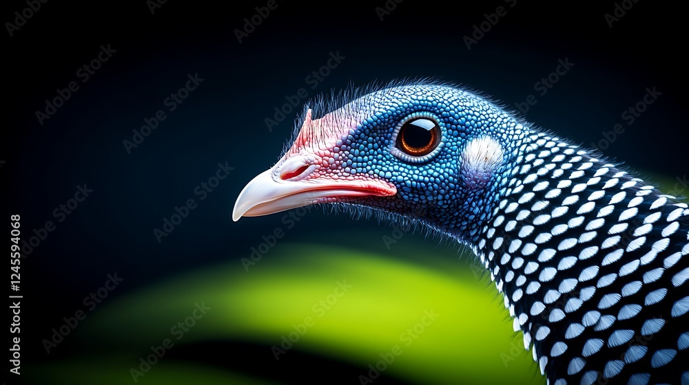 Obraz premium Close-up of a vibrant bird with striking blue and white plumage against a blurred green background