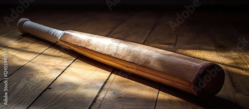 Cricket bat positioned diagonally on a wooden floor with warm tones and soft lighting highlighting its polished surface and dynamic angles photo