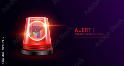 Liver organ human inside red siren light. Danger signs of liver disease. Warning flasher alert emergency. Medical distress signal. Vector EPS10.