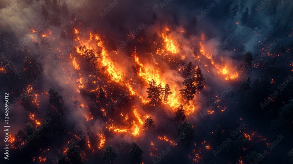 A forest fire from above, with glowing embers and smoke filling the air A forest fire from above, with glowing embers and smoke filling the air
