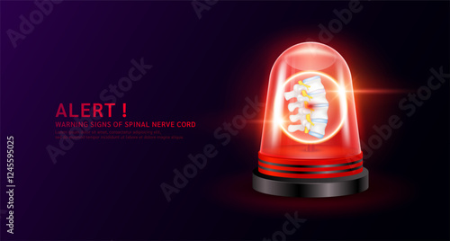 Vertebral and spinal nerve cord in red siren light. Danger signs of herniated disc disease that make back neck pain. Warning flasher alert emergency. Medical distress signal. Vector EPS 10.