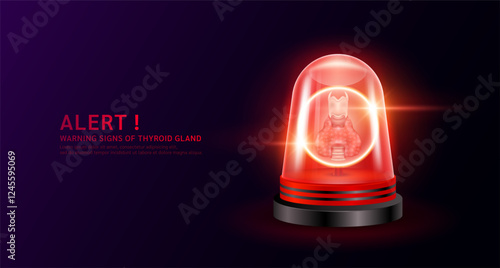 Thyroid gland organ human inside red siren light. Danger signs of thyroid disease. Warning flasher alert emergency. Medical distress signal. Vector EPS10.