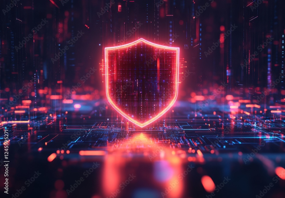 Obraz premium Abstract digital background with glowing shield symbol representing cyber security and data protection in futuristic technology environment