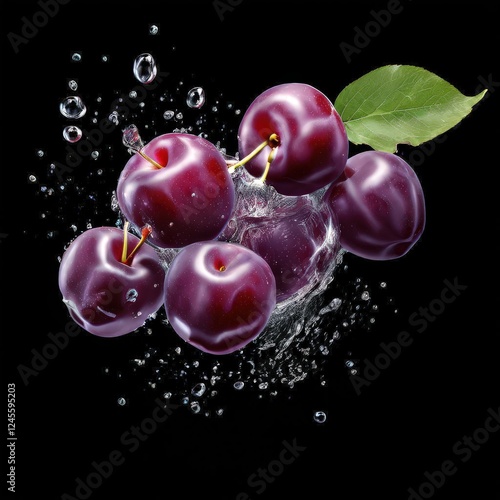 the AI Image Generator, Fresh Red Plums with Water Droplets and Leaves