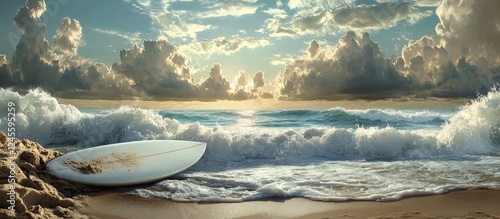 A white surfboard resting on golden sand beside foamy ocean waves under a dramatic blue and grey cloudy sky highlighting surf adventure spirit photo