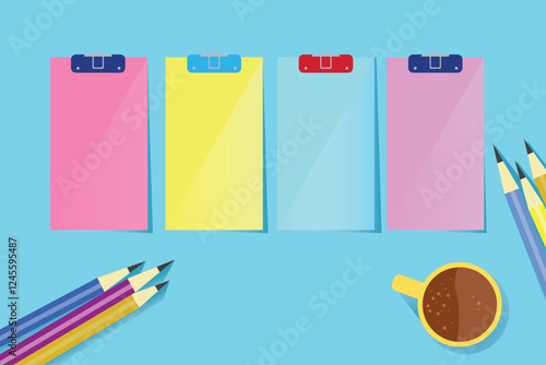 Colorful flat lay with pastel clipboards, matching pencils, and coffee cup on blue background, ideal for business planning, creativity, or office-themed designs.