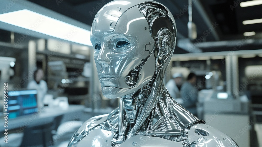 Futuristic robot fluid like mercury transforms into a perfectly detailed human figure The background shows a hightech lab where scientists observe the evolution of this liquid metal being Futuristic robot fluid like mercury transforms into a perfectly detailed human figure The background shows a hightech lab where scientists observe the evolution of this liquid metal being