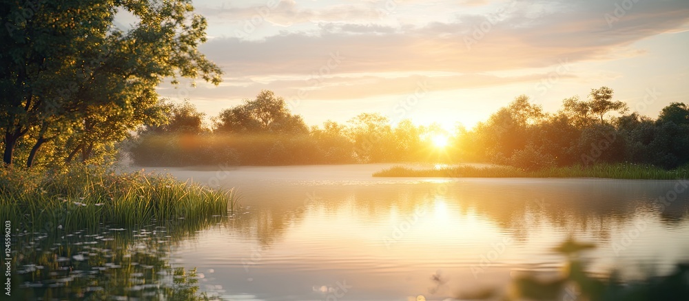 Fototapeta premium Serene sunset view of a peaceful pond with golden reflections on water surrounded by lush greenery and soft clouds in a tranquil atmosphere