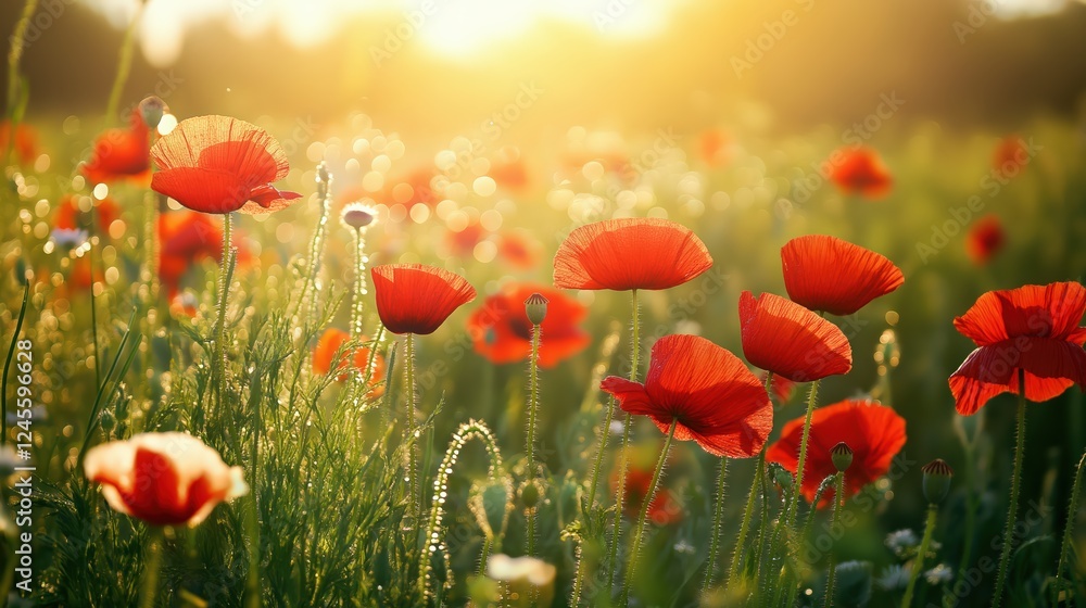 Fototapeta premium Vibrant Red Poppies In A Sunlit Field Summer Nature Landscape