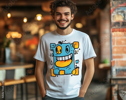 Man smiling, wearing a t-shirt with a cartoon monster design.