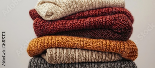 Neatly folded stack of knit sweaters in warm autumn hues of burgundy, mustard, cream, and gray creating a cozy fashion textile composition