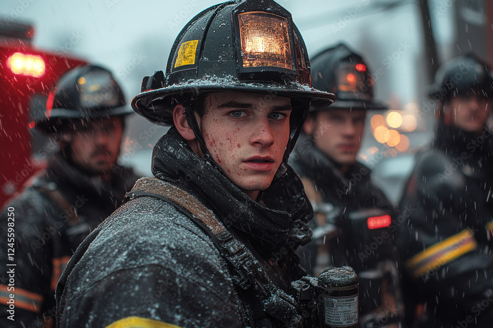 A group of firefighters stands in the snow, focused and ready for action, showcasing their determination amidst challenging weather conditions. A group of firefighters stands in the snow, focused and ready for action, showcasing their determination amidst challenging weather conditions.