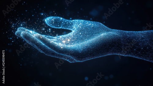 Glowing digital hand holding light particles. (1)