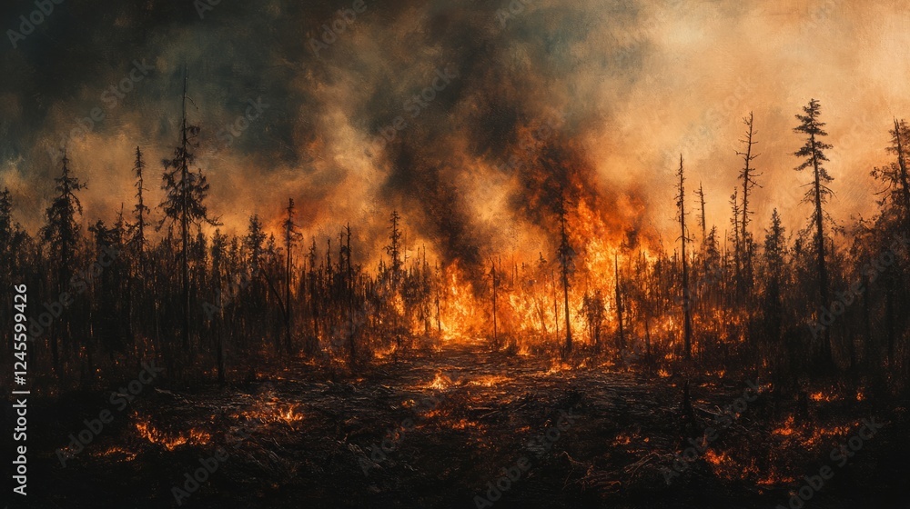 A scene of destruction with trees burning and smoke obscuring the horizon A scene of destruction with trees burning and smoke obscuring the horizon