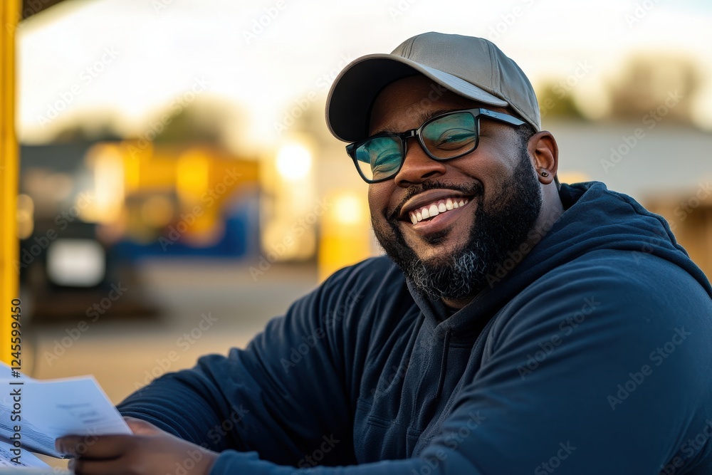 Smiling Man with Glasses Wearing Cap While Sitting Outdoors Smiling Man with Glasses Wearing Cap While Sitting Outdoors