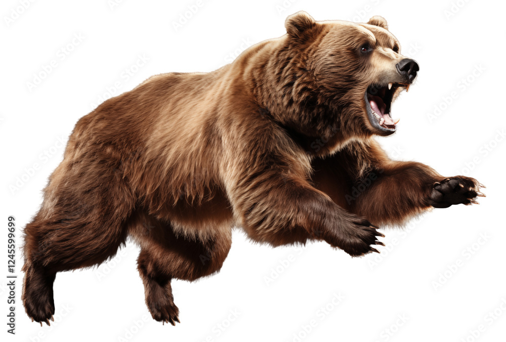 Full body brown bear attacking isolated on transparent background. Generative ai Full body brown bear attacking isolated on transparent background. Generative ai