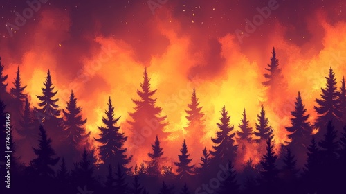 A smoky and fiery forest fire scene, with trees silhouetted against the flames 