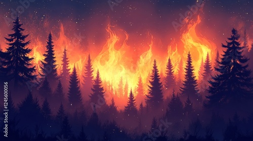 A smoky and fiery forest fire scene, with trees silhouetted against the flames 
