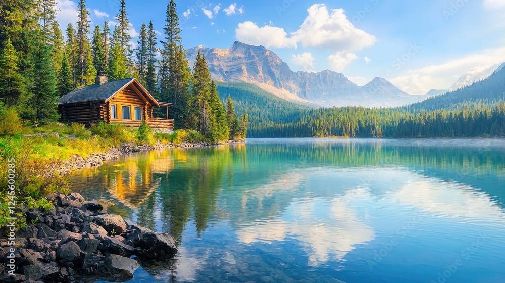 Naklejka premium A rustic log cabin by the edge of a serene lake during a sunny day.