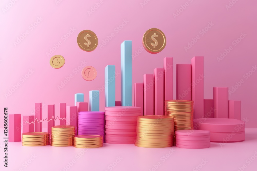 A colorful graph and coins on a pink background, symbolizing financial growth and investment. A colorful graph and coins on a pink background, symbolizing financial growth and investment.