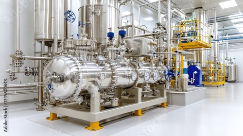 Industrial plant interior, stainless steel equipment, cleanroom background, pharmaceutical production