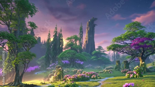 fantasy forest scene, seamlessly looping in 4K